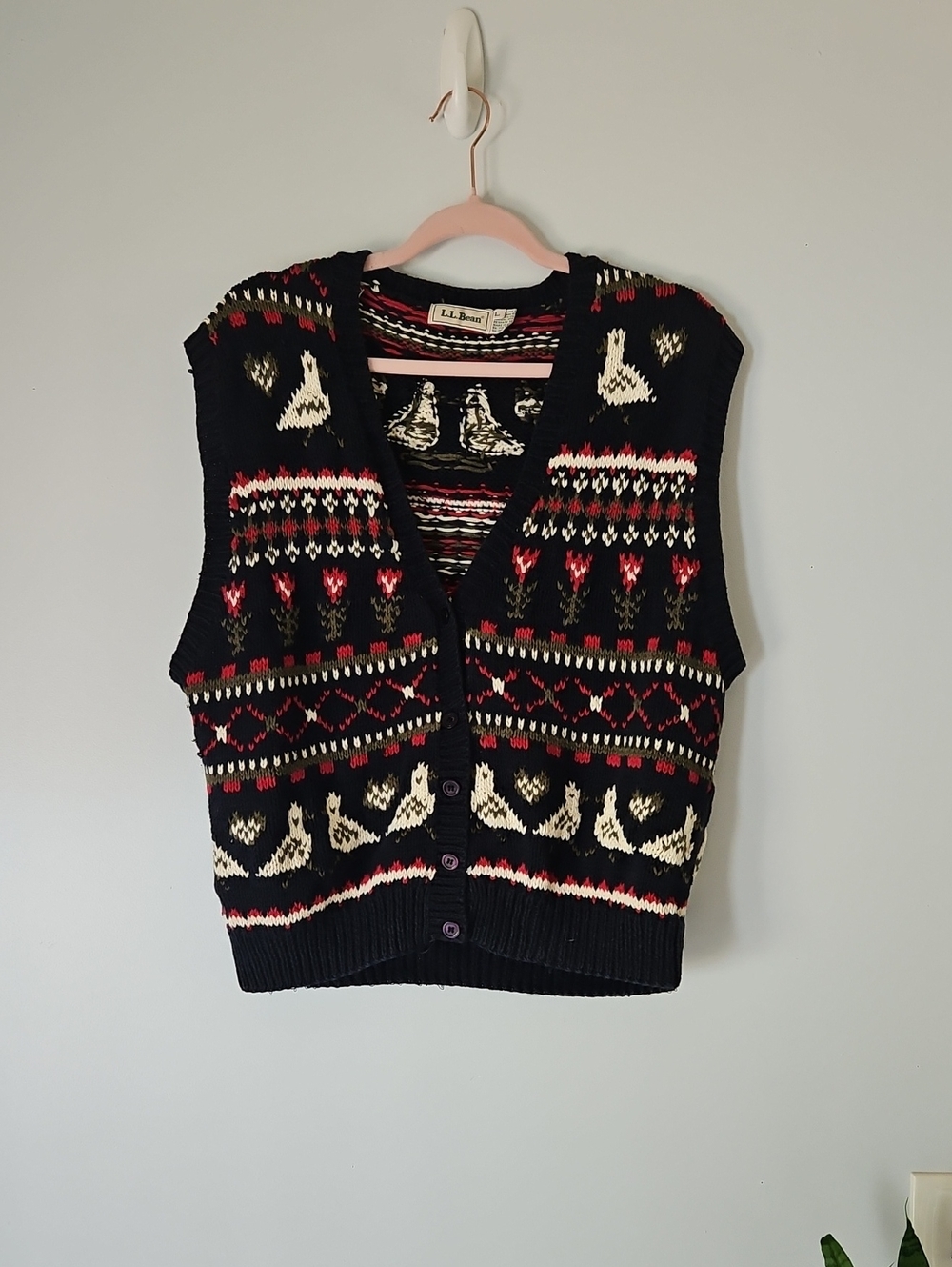 L.L. Bean Black Fair Isle Bird Knit Vest - Picture 1 of 4